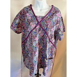 Crest Uniform Purple Floral Scrub Top Size XL